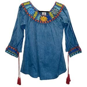 Ivy Jane Chambray Cotton Top w/Embroidered Collar & Cuffs w/tassel Ties XS